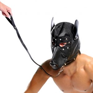 маска бдсм в виде собачки с прорезями для глаз и ремнем